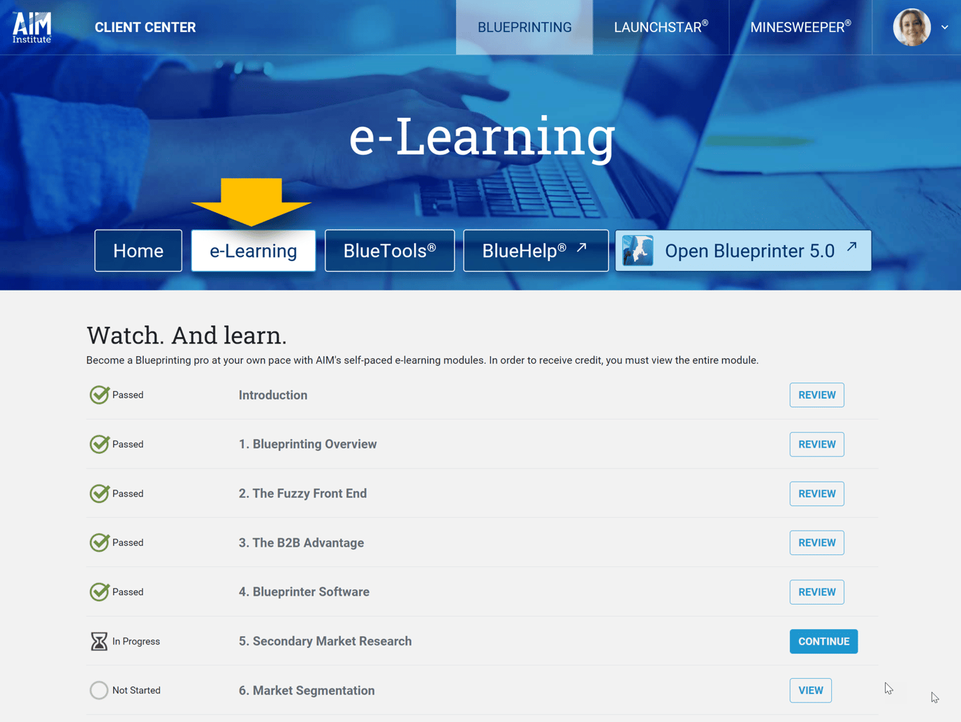 2. e-Learning Page of Blueprinting Center