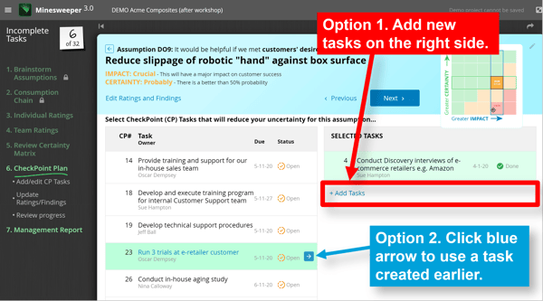 Options for adding CheckPoint tasks